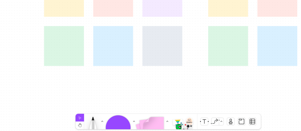 Figjam canvas with the tools at the bottom of the image. Tools include drawing tool, shape tool, note tool, stamps, text, lines, and more.