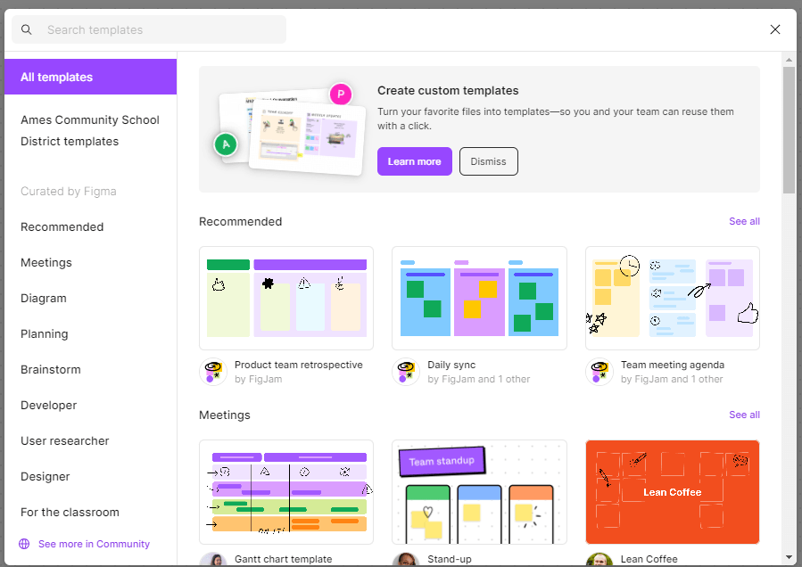 List of all of the templates in Figjam including a daily sync, team meeting agenda, product team retrospective, and more.